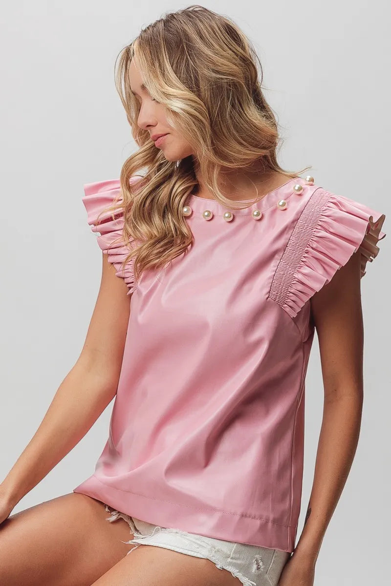 BiBi Leather Smocked Ruffled Top - Velora Luxury Fashion