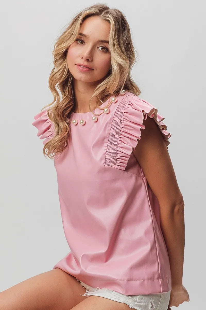 BiBi Leather Smocked Ruffled Top - Velora Luxury Fashion