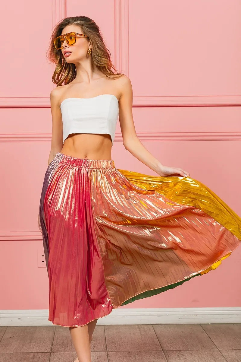 BiBi Metallic Color Block Pleats Midi Skirt - Velora Luxury Fashion