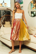 BiBi Metallic Color Block Pleats Midi Skirt - Velora Luxury Fashion