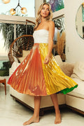 BiBi Metallic Color Block Pleats Midi Skirt - Velora Luxury Fashion
