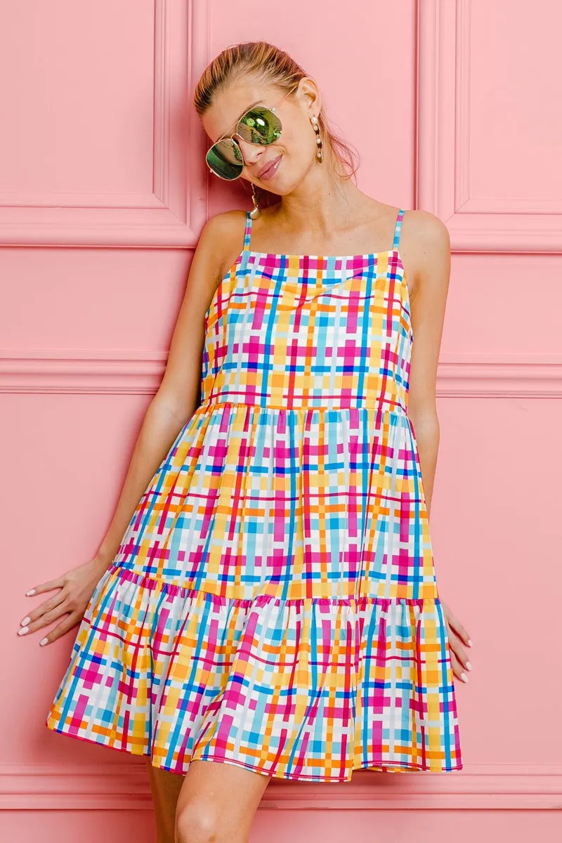 BiBi Multi Colors Plaid Sleeveless Sun Dress - Velora Luxury Fashion