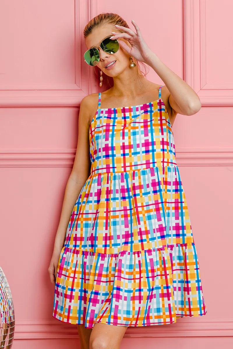 BiBi Multi Colors Plaid Sleeveless Sun Dress - Velora Luxury Fashion