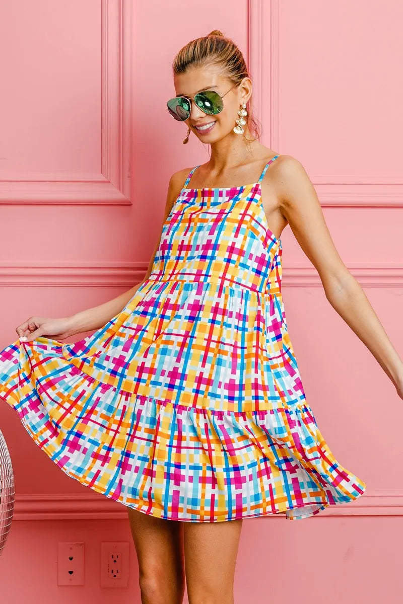 BiBi Multi Colors Plaid Sleeveless Sun Dress - Velora Luxury Fashion