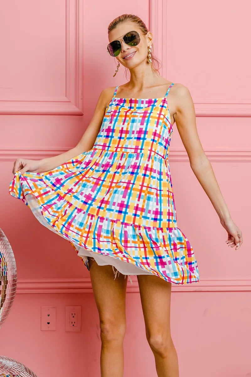 BiBi Multi Colors Plaid Sleeveless Sun Dress - Velora Luxury Fashion