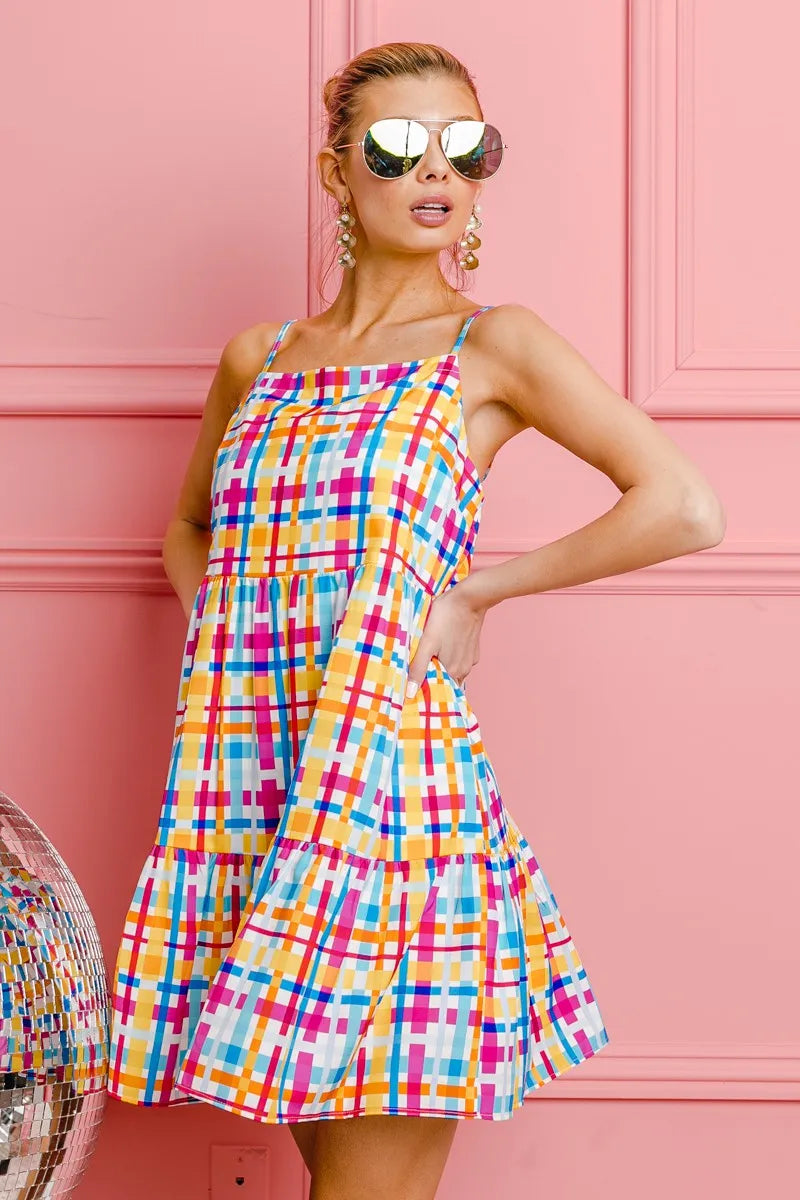 BiBi Multi Colors Plaid Sleeveless Sun Dress - Velora Luxury Fashion