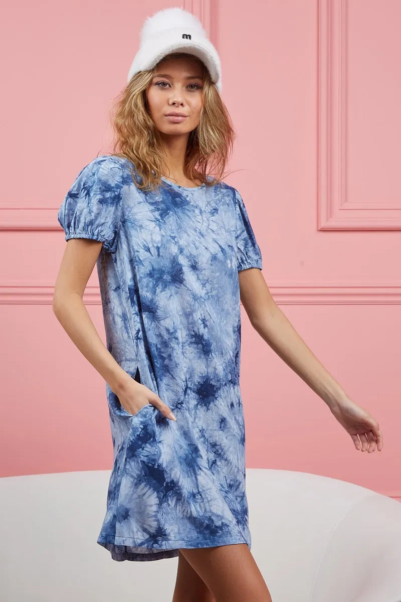BiBi Puff Sleeve With Side Pockets Tie Dye Dress - Velora Luxury Fashion