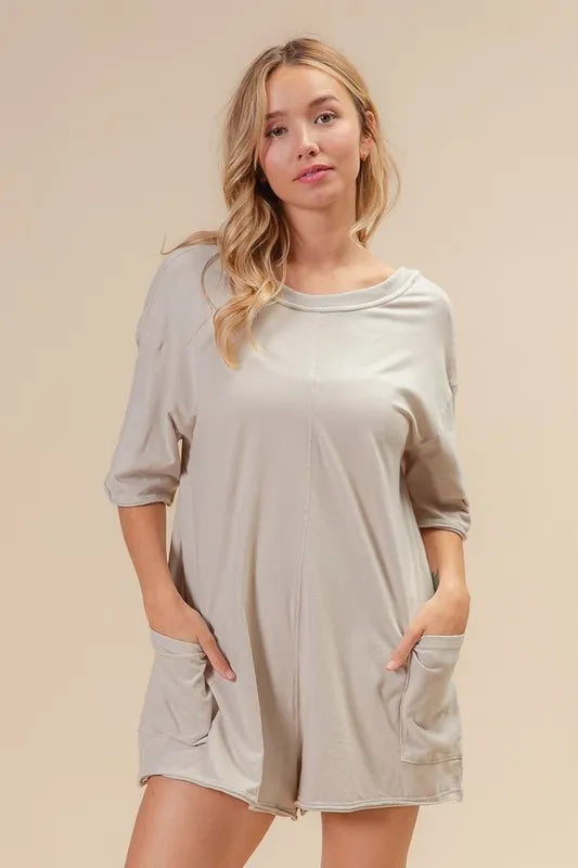 BiBi Short Sleeve Back Open Washed Romper - Velora Luxury Fashion