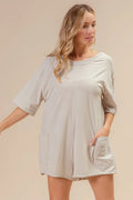 BiBi Short Sleeve Back Open Washed Romper - Velora Luxury Fashion