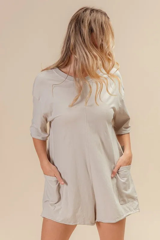 BiBi Short Sleeve Back Open Washed Romper - Velora Luxury Fashion