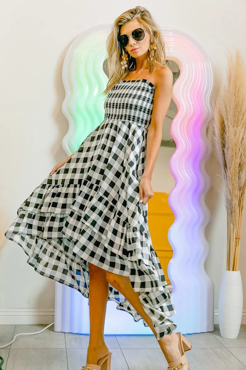 BiBi Smocked Body Off Shoulder Check Dress - Velora Luxury Fashion