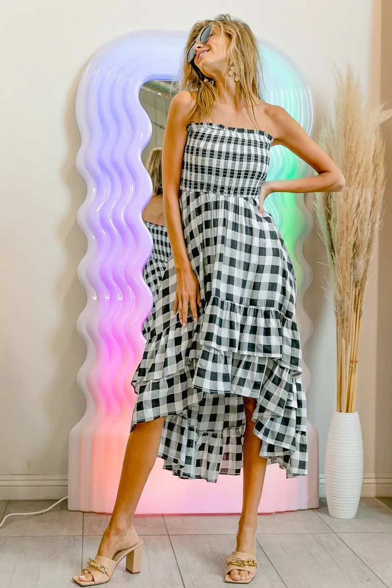 BiBi Smocked Body Off Shoulder Check Dress - Velora Luxury Fashion