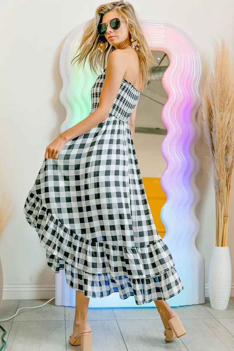 BiBi Smocked Body Off Shoulder Check Dress - Velora Luxury Fashion