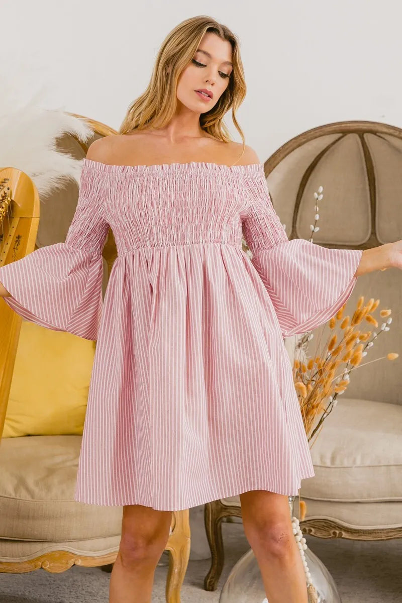 BiBi Smocked Off Shoulder Striped Dress - Velora
