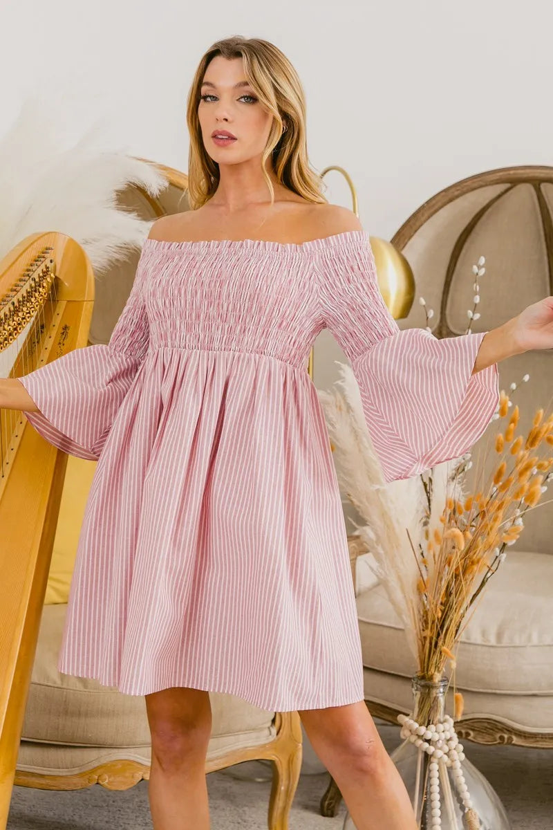 BiBi Smocked Off Shoulder Striped Dress - Velora