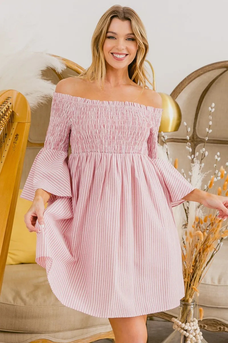 BiBi Smocked Off Shoulder Striped Dress - Velora