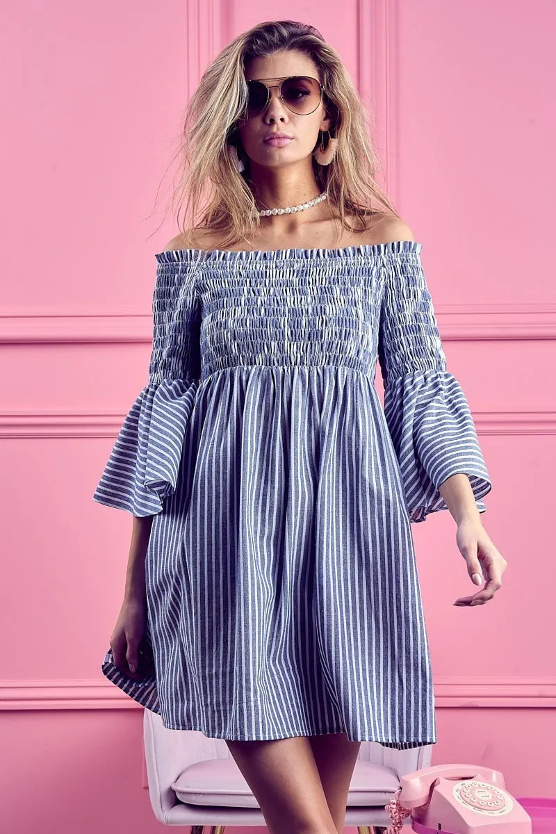 BiBi Smocked Off Shoulder Striped Dress - Velora Luxury Fashion