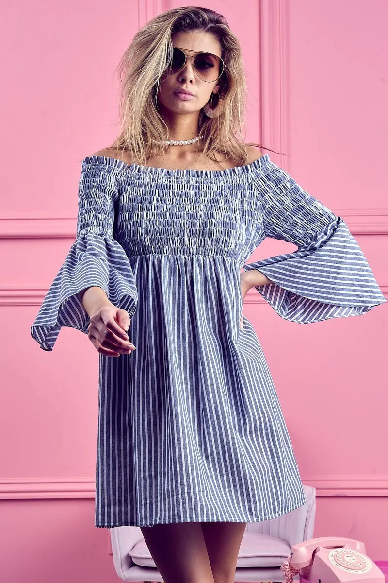 BiBi Smocked Off Shoulder Striped Dress - Velora Luxury Fashion