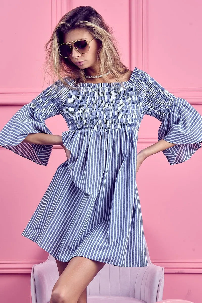 BiBi Smocked Off Shoulder Striped Dress - Velora Luxury Fashion