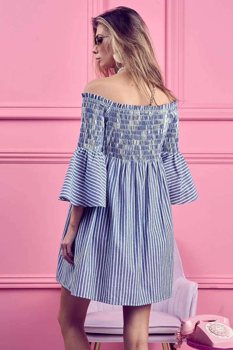 BiBi Smocked Off Shoulder Striped Dress - Velora Luxury Fashion