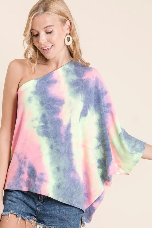 BiBi Tie Dye French Terry One Shoulder Top with Dolman - Velora Luxury Fashion