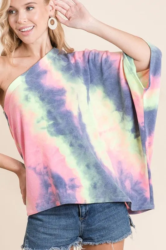 BiBi Tie Dye French Terry One Shoulder Top with Dolman - Velora Luxury Fashion