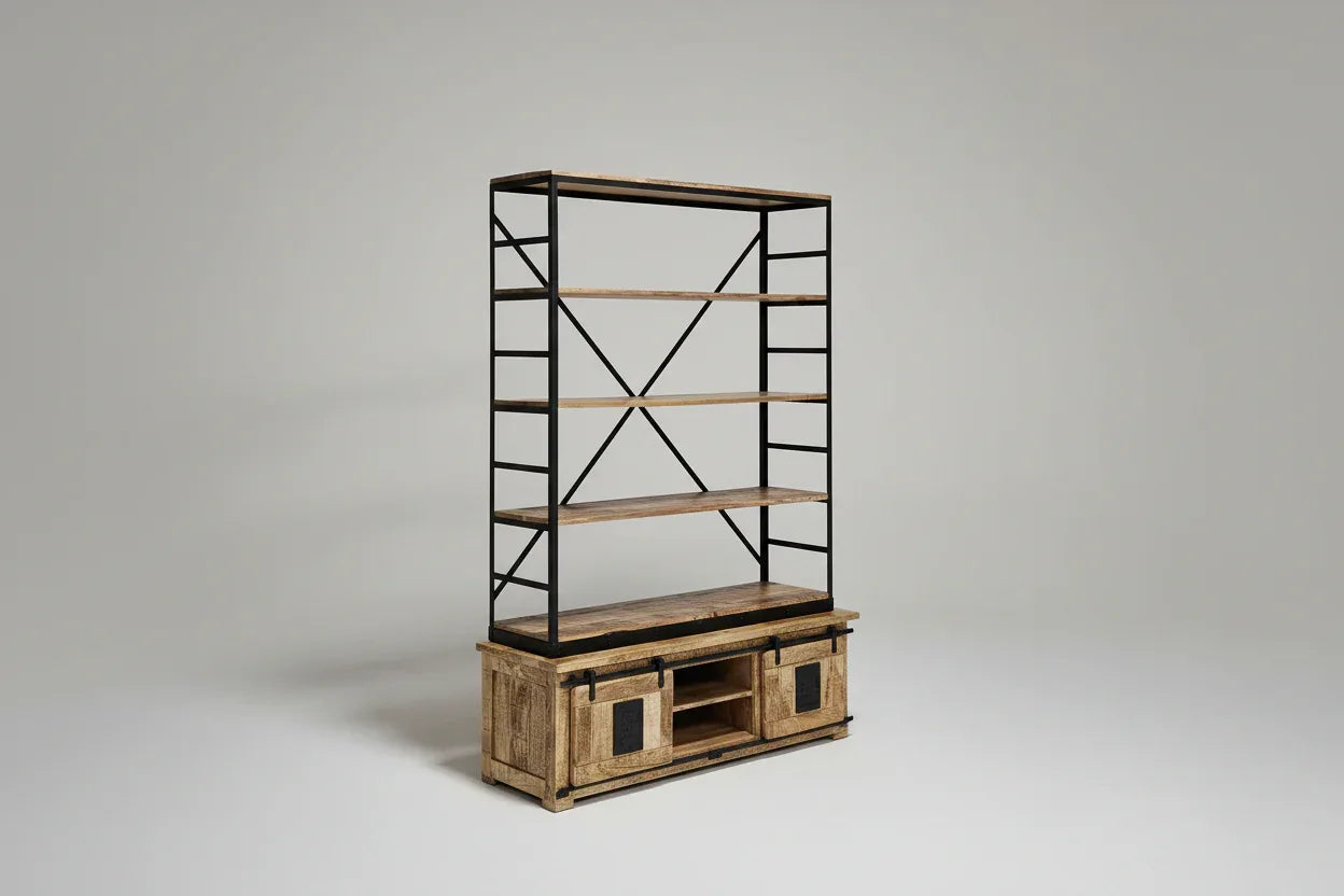 Bibliothèque Farmhouse en bois de manguier brut