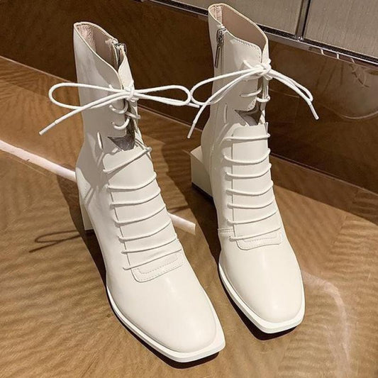 Block Heel Double Lace Boots - Velora Luxury Fashion