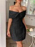 Bow Off-Shoulder Textured Mini Dress - Velora Luxury Fashion