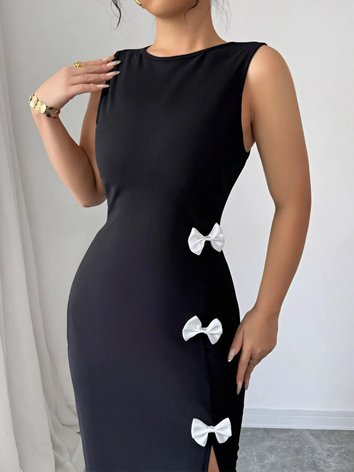 Bow Slit Round Neck Sleeveless Dress - Velora Luxury Fashion