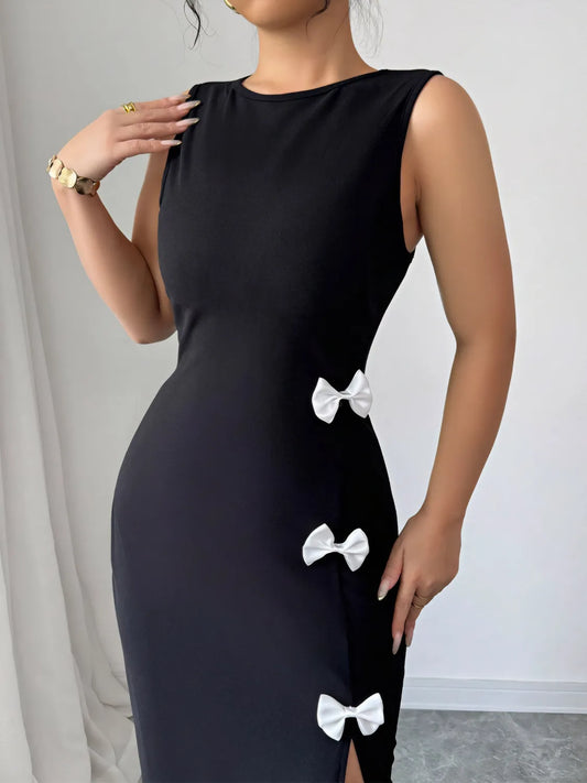 Bow Slit Round Neck Sleeveless Dress - Velora Luxury Fashion