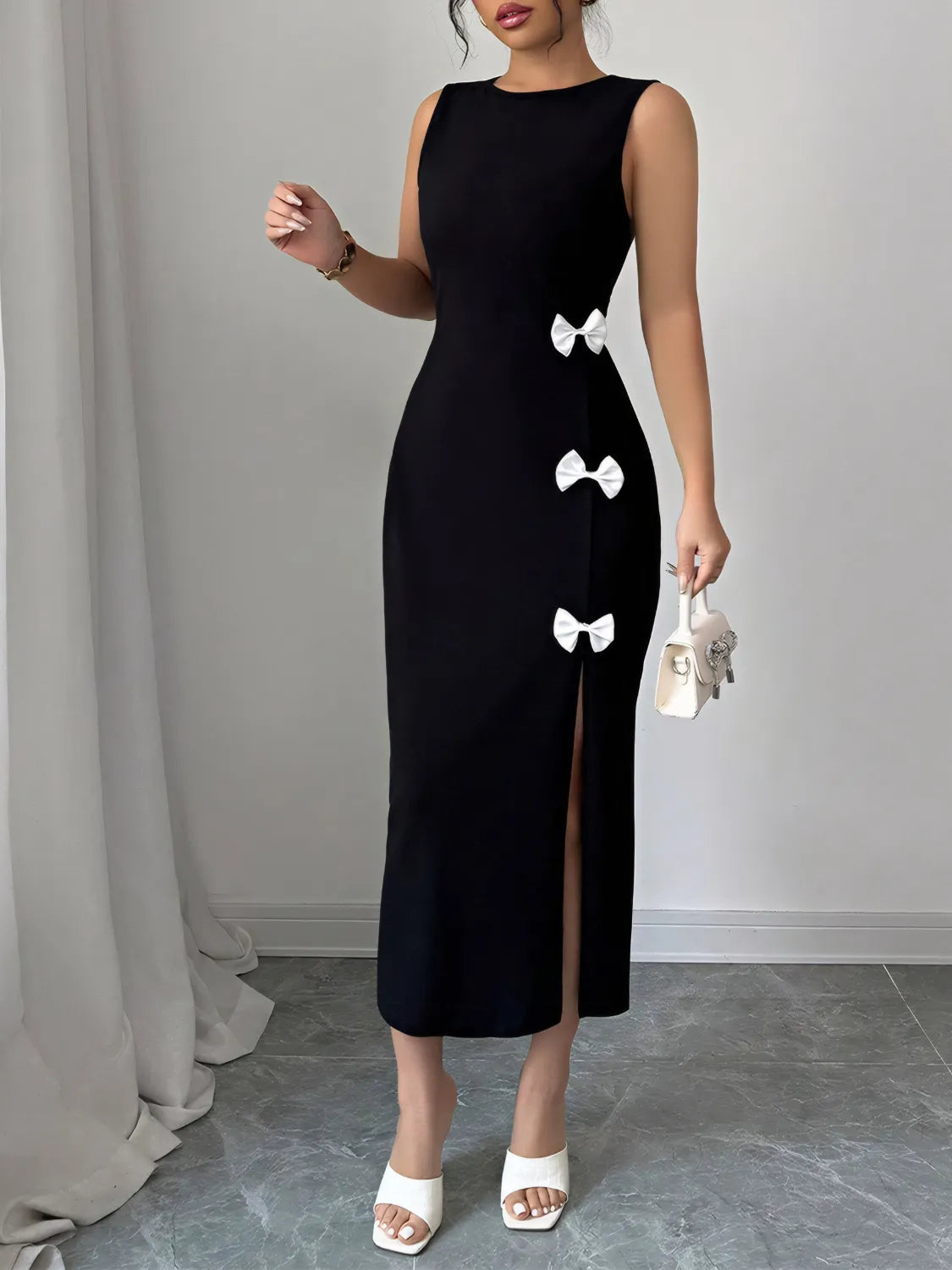 Bow Slit Round Neck Sleeveless Dress - Velora Luxury Fashion