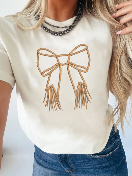 Bowknot Western Round Neck T Shirt - Velora Luxury Fashion