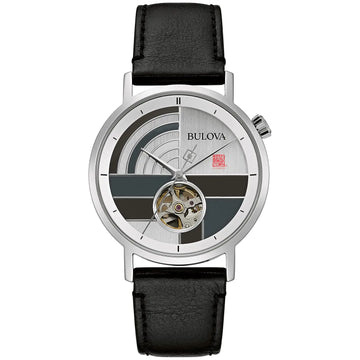 Bulova Frank Lloyd Wright December Gifts Stainless Steel 3-Hand Automatic Watch Black Leather Strap and Open Aperture Dial Style: 96A248 - Velora Luxury Fashion