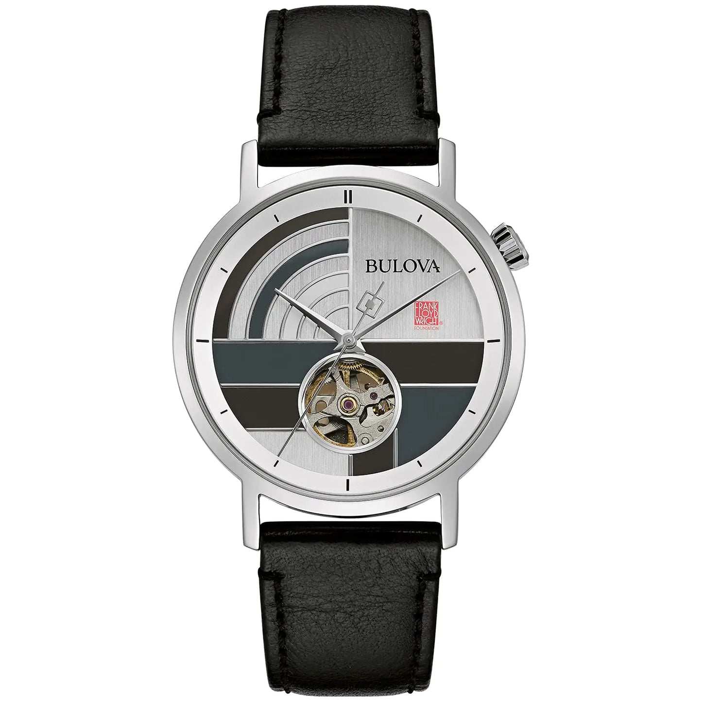 Bulova Frank Lloyd Wright December Gifts Stainless Steel 3-Hand Automatic Watch Black Leather Strap and Open Aperture Dial Style: 96A248 - Velora Luxury Fashion