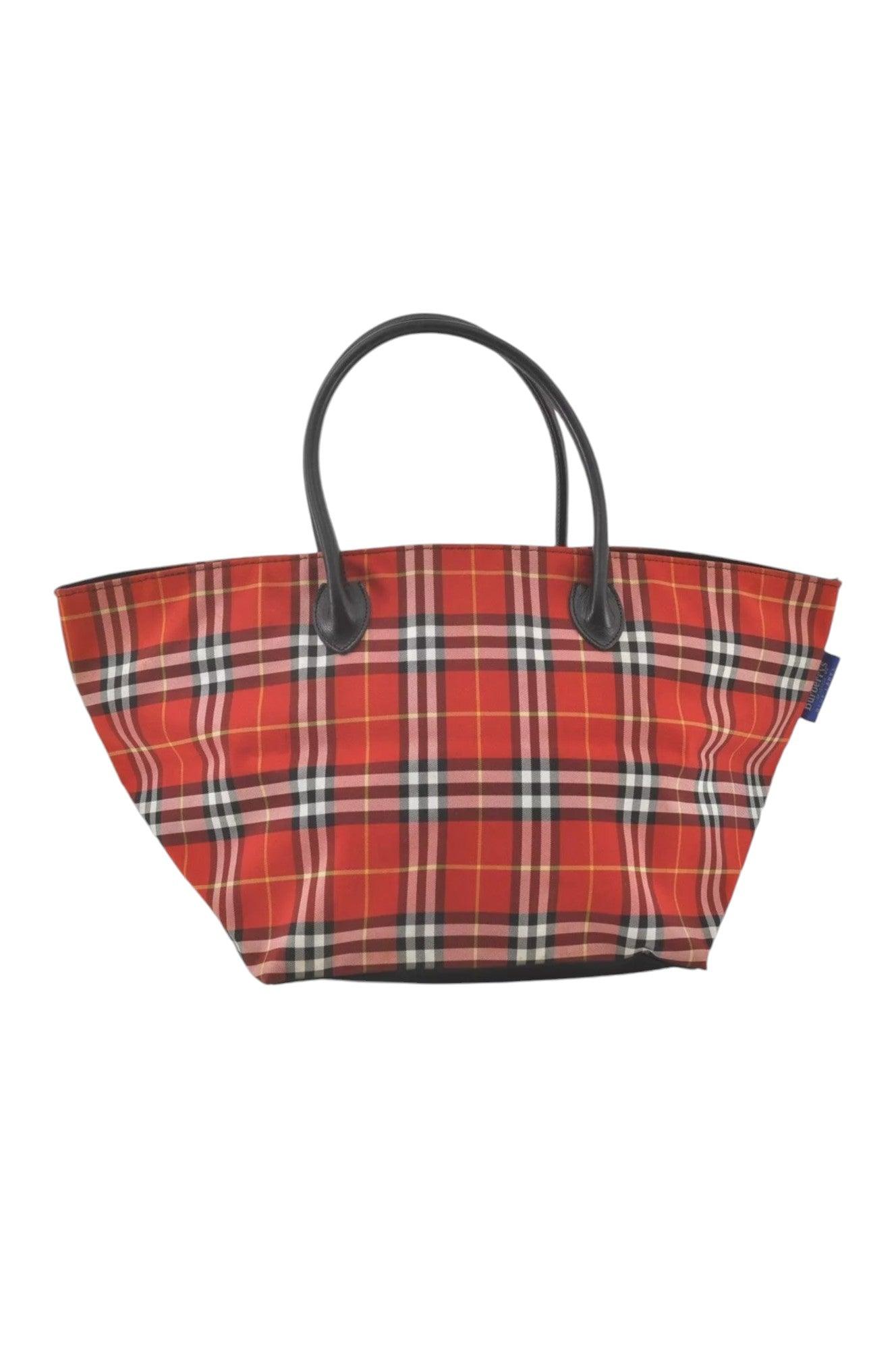 Burberry BLUE LABEL Check Shoulder Tote Bag Nylon Leather Red 9373K - Velora Luxury Fashion