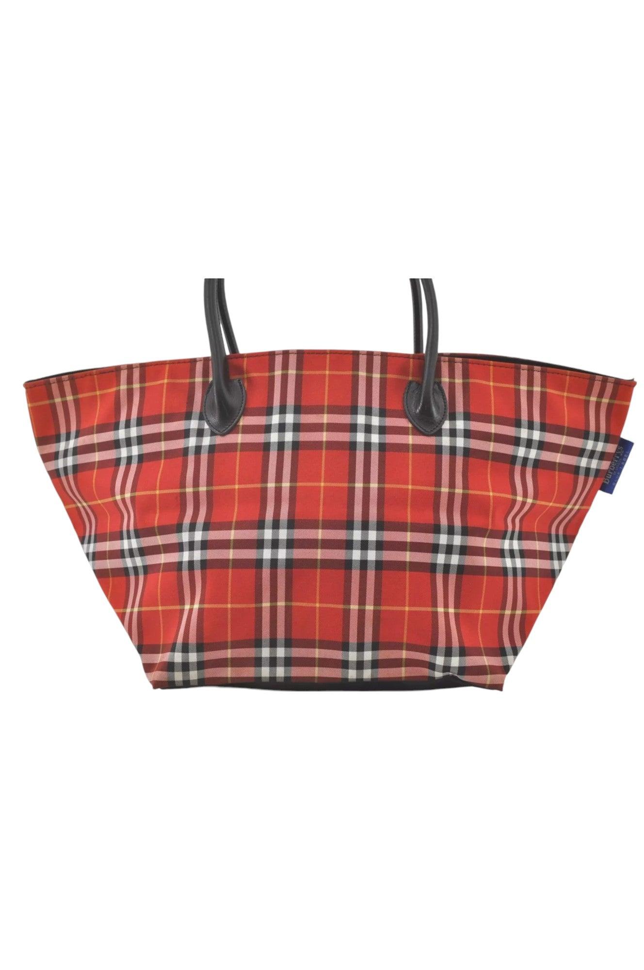 Burberry BLUE LABEL Check Shoulder Tote Bag Nylon Leather Red 9373K - Velora Luxury Fashion