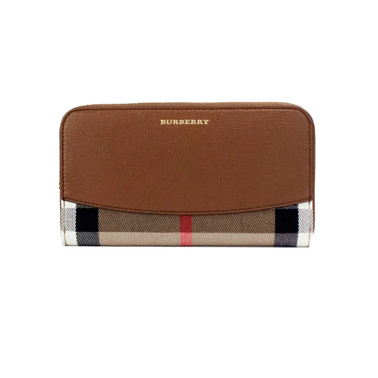 Burberry Elmore Tan Grainy Leather House Check Canvas Wallet - Velora Luxury Fashion