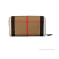Burberry Elmore Tan Grainy Leather House Check Canvas Wallet - Velora Luxury Fashion