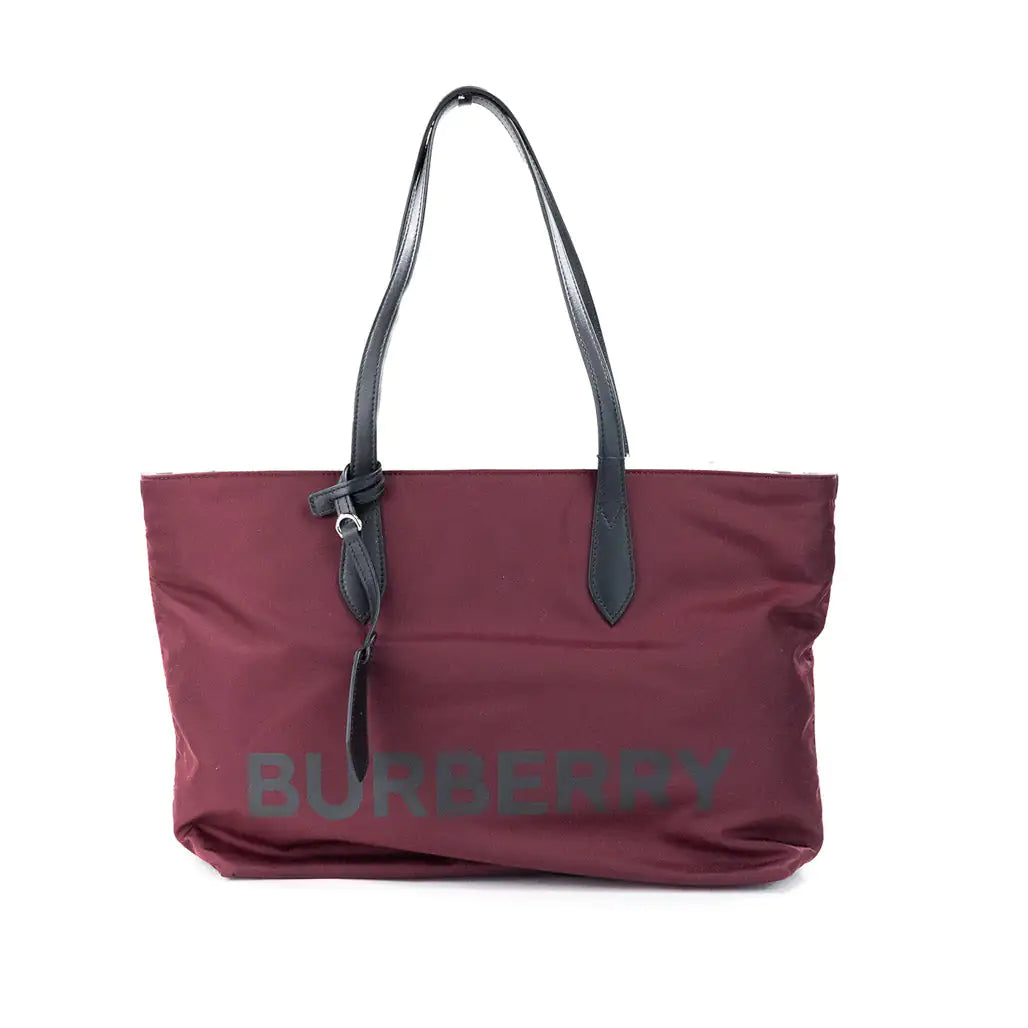 Burberry Medium Burgundy Logo Nylon Tote Shoulder Bag - Velora Luxury Fashion