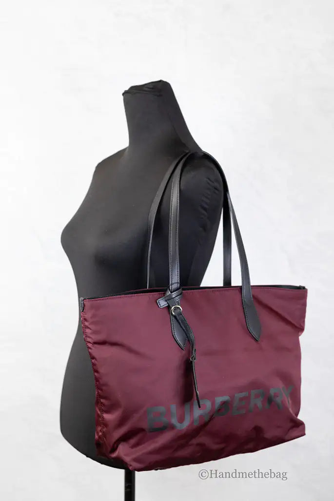 Burberry Medium Burgundy Logo Nylon Tote Shoulder Bag - Velora Luxury Fashion