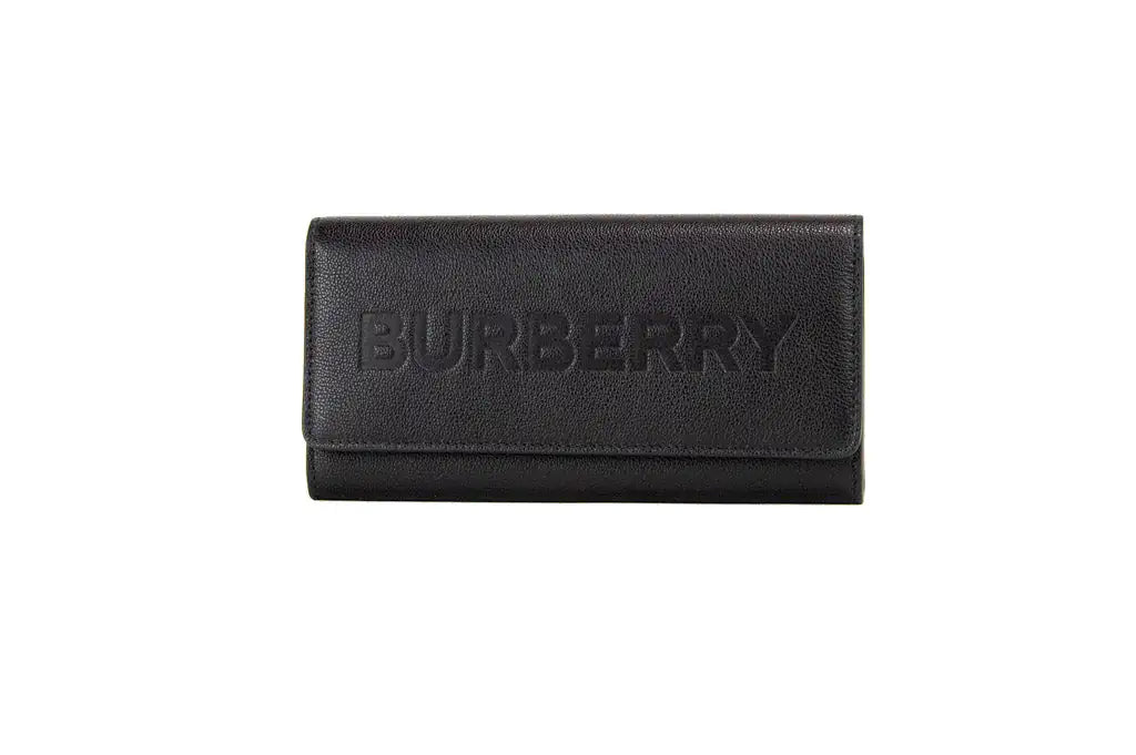 Burberry Porter Black Leather Branded Embossed Clutch Flap Wallet - Velora Luxury Fashion