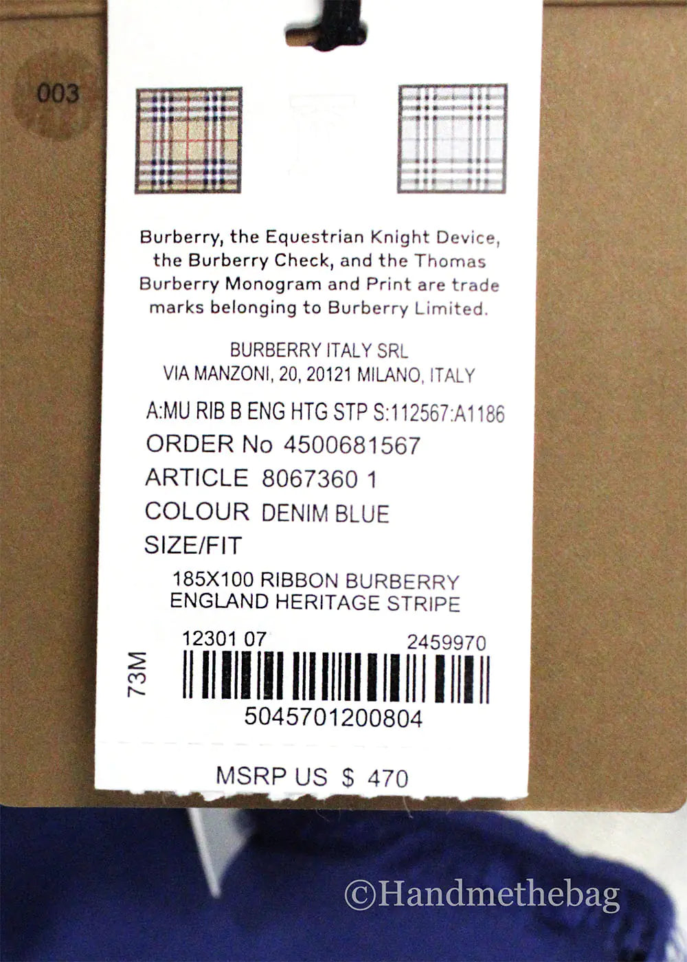 Burberry Ribbon Denim Blue England Heritage Stripe Cotton Scarf - Velora Luxury Fashion