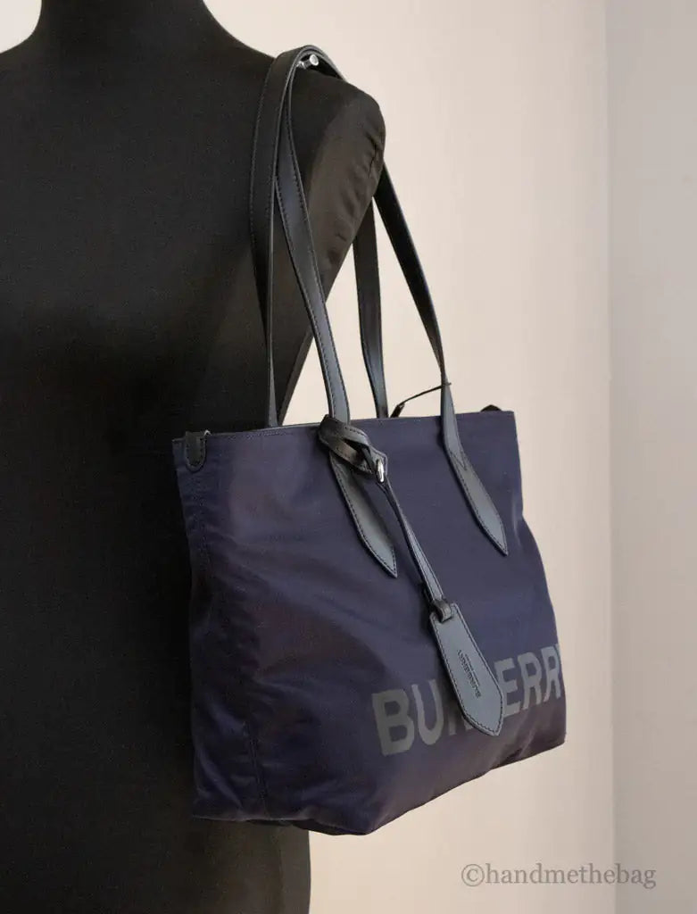 Burberry Small Navy Blue Branded Econyl Nylon Tote Bag - Velora Luxury Fashion