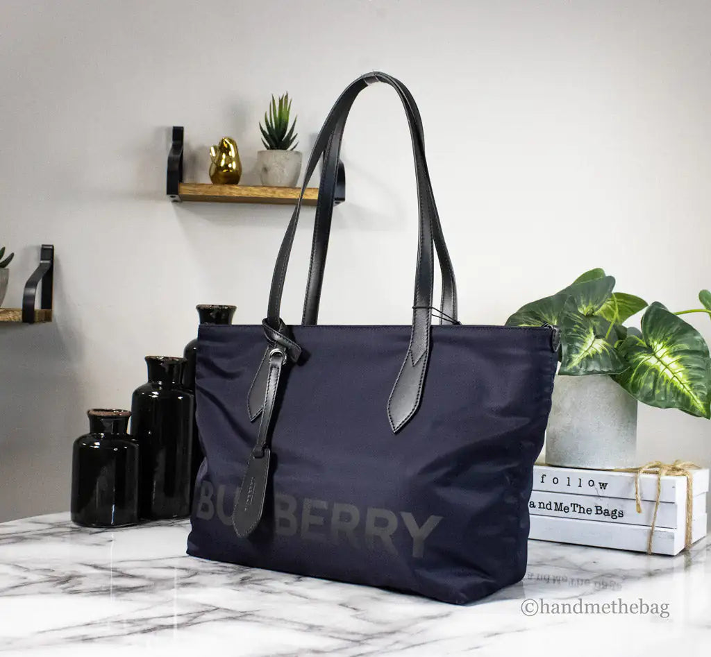 Burberry Small Navy Blue Branded Econyl Nylon Tote Bag - Velora Luxury Fashion