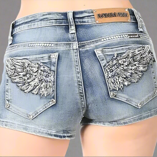 Bus Stop Women's Rhinestone Angel Wing Denim Shorts - Velora Luxury Fashion