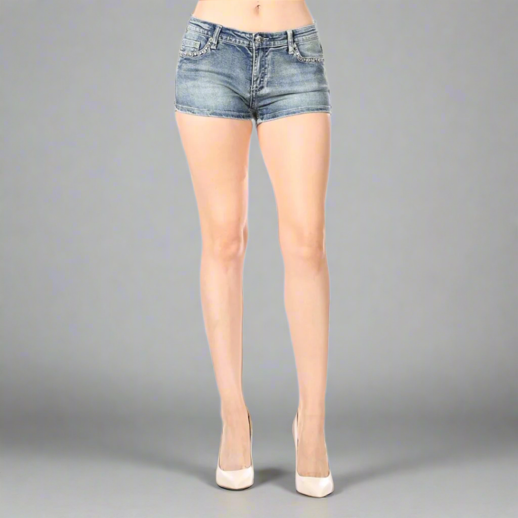 Bus Stop Women's Rhinestone Angel Wing Denim Shorts - Velora Luxury Fashion