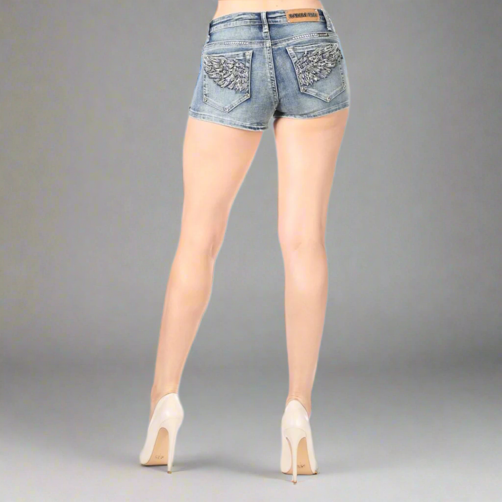 Bus Stop Women's Rhinestone Angel Wing Denim Shorts - Velora Luxury Fashion