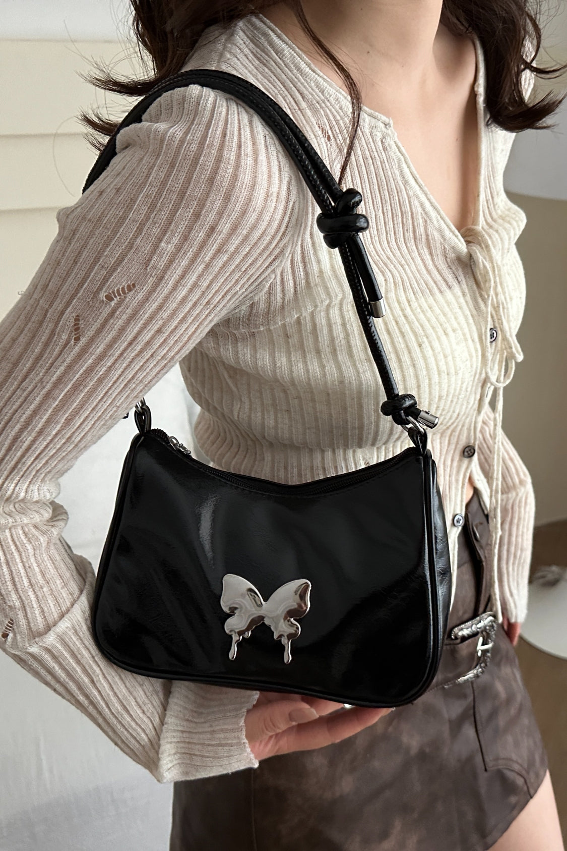 Butterfly PU Leather Knotted Strap Shoulder Bag - Velora Luxury Fashion