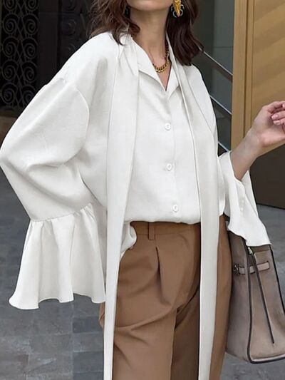 Button Down Flounce Sleeve Shirt - Velora Luxury Fashion